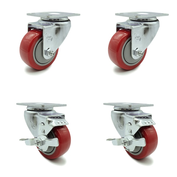 3 Inch Red Polyurethane Wheel Swivel Top Plate Caster Set with 2 Brakes SCC